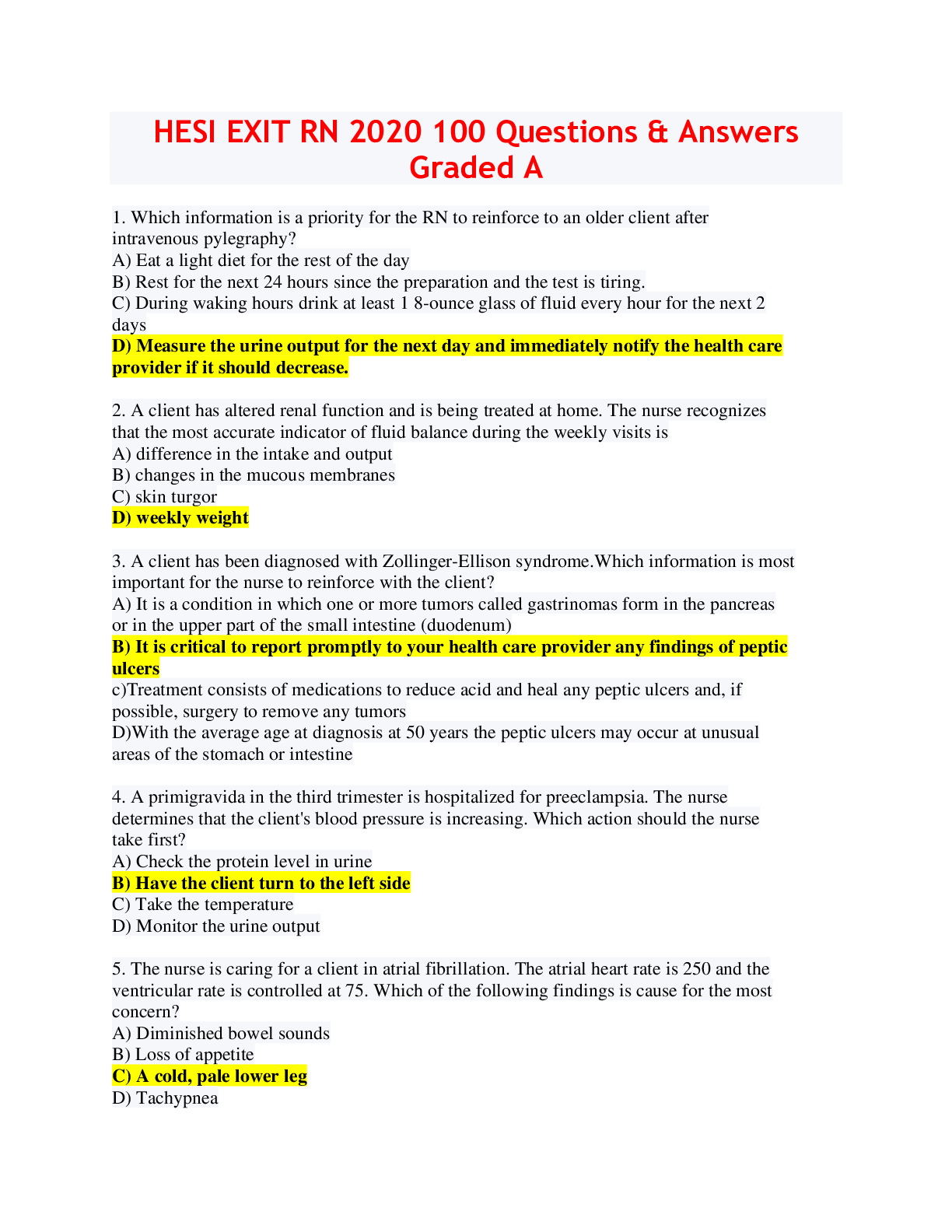 Preview image for HESI EXIT RN 2020 100 Questions & Answers Graded A